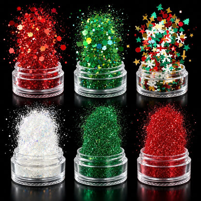 Red and green nail glitter with Christmas tree, snowflake and star decorations