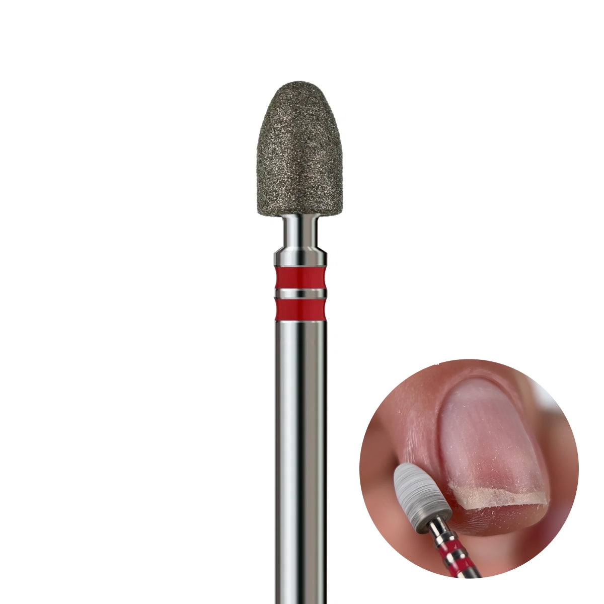 The KVADRO Diamond Nail Drill Bit Bullet 0.40 mm Red is designed for gentle and controlled nail preparation in professional manicure and pedicure procedures.