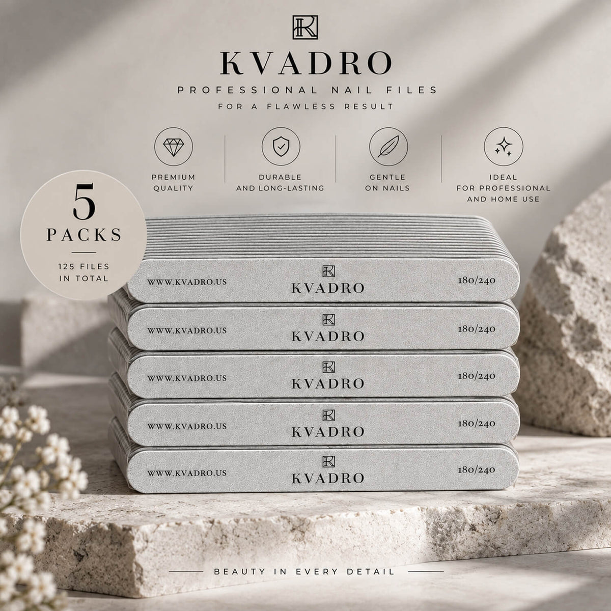 KVADRO Nail Files 180/240, individual 25pcs pack with grit label