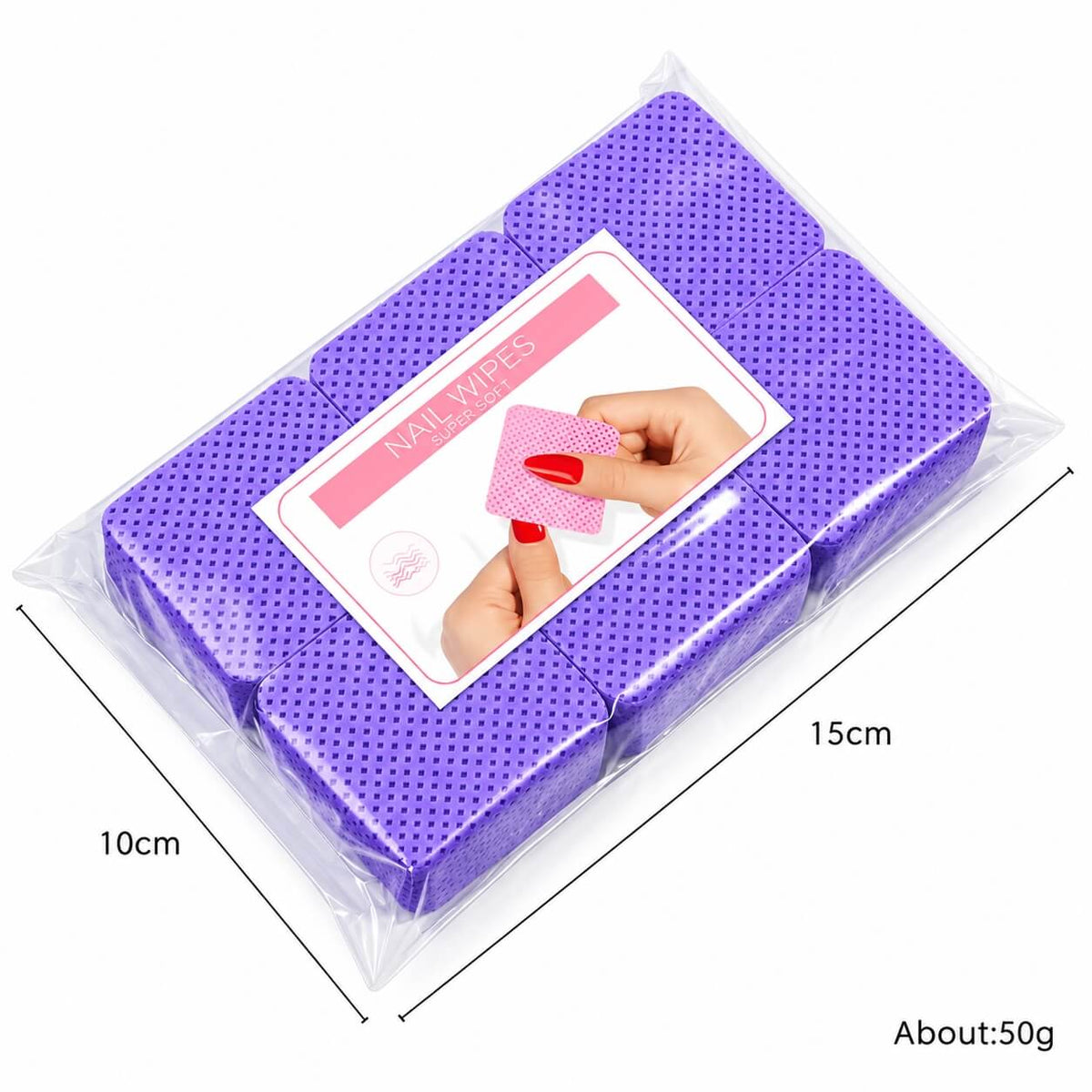 Nail wipes bag, about 50 g, with a “Nail Wipes” label