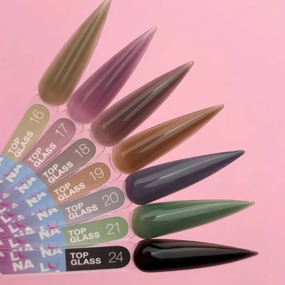 Close-up of glass-effect gel top coat on nails
