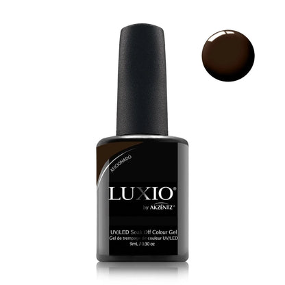 Luxio Aficionado Gel Polish — swatch on nail tip, deep espresso brown finish