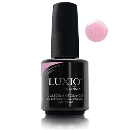 15ml — Luxio Bouquet Gel Polish — swatch on nail tip, pink finish with iridescent glow