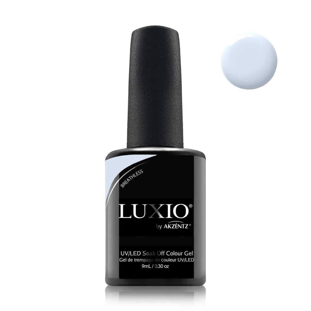 Luxio Breathless Gel Polish — full manicure, pale blue coverage