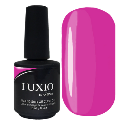 15ml — Luxio Chi-Chi Gel Polish — swatch on nail tip, vivid fuchsia finish