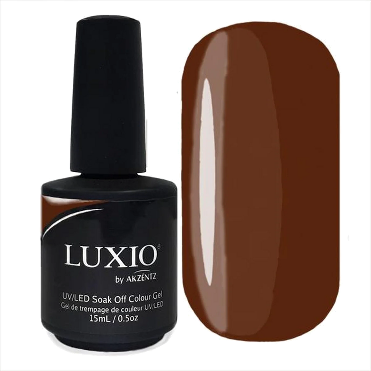 15ml — Luxio Cocoa Gel Polish — swatch on nail tip, warm chocolate brown finish