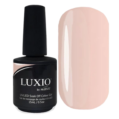 15ml — Luxio Cremelle Gel Polish — swatch on nail tip, semi-sheer nude finish