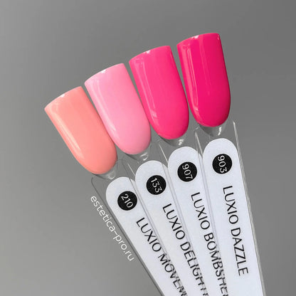 15ml — Luxio Dazzle Gel Polish — swatch on nail tip, vivid neon pink finish