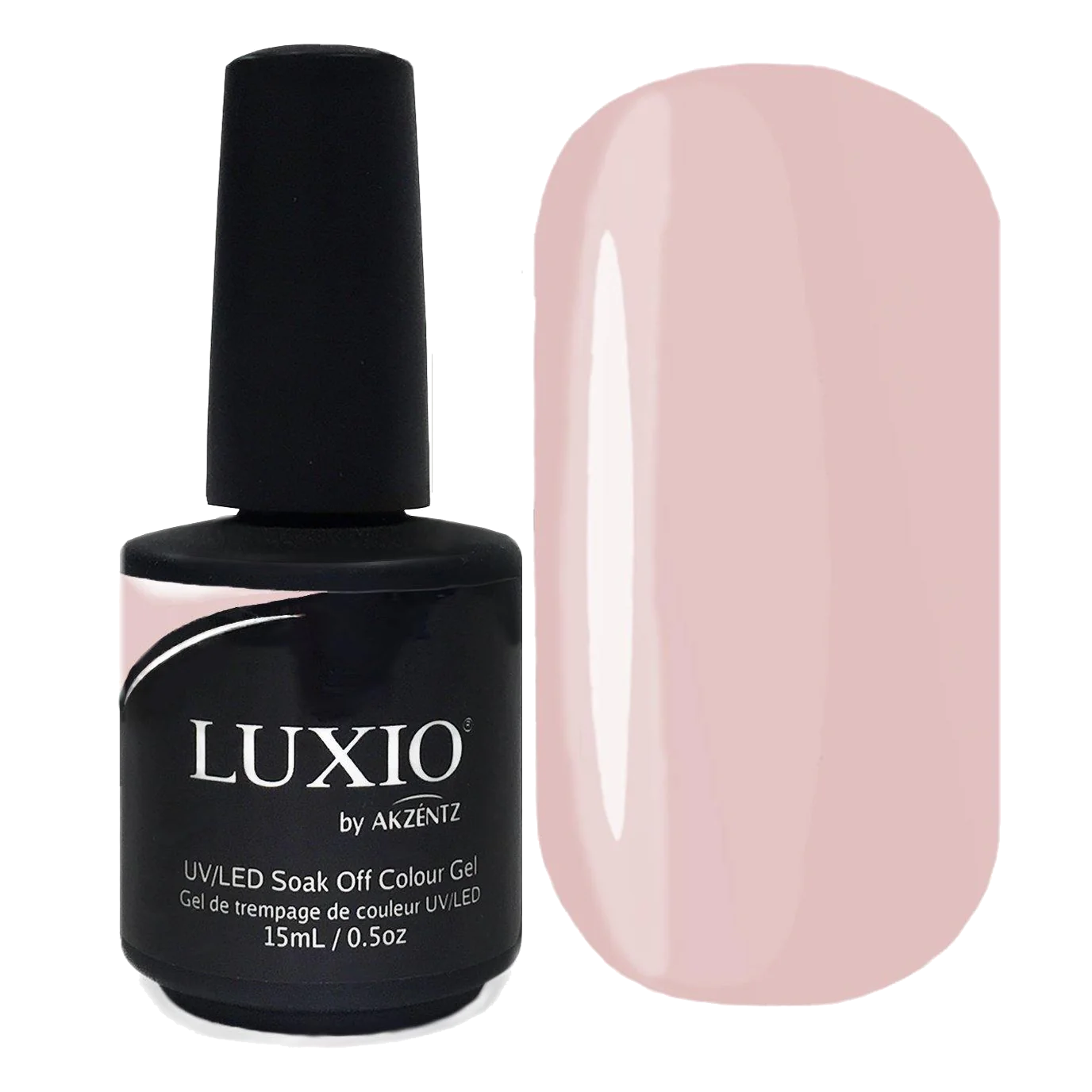 15ml — Luxio Demure Gel Polish — swatch on nail tip, sheer pink finish