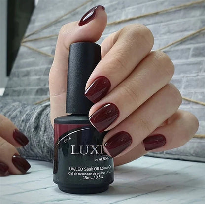 15ml — Luxio Diva Gel Polish — open bottle with brush, plum gel