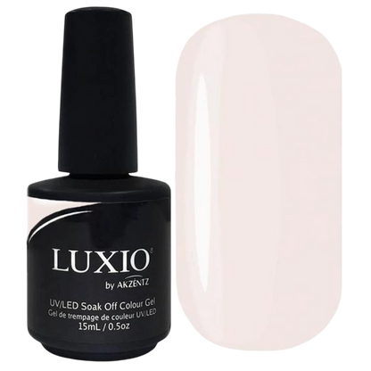 15ml — Luxio Flirt Gel Polish — swatch on nail tip, shimmering nude finish