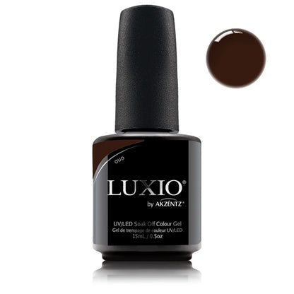 Luxio Oud Gel Polish — closed bottle, rich medium brown