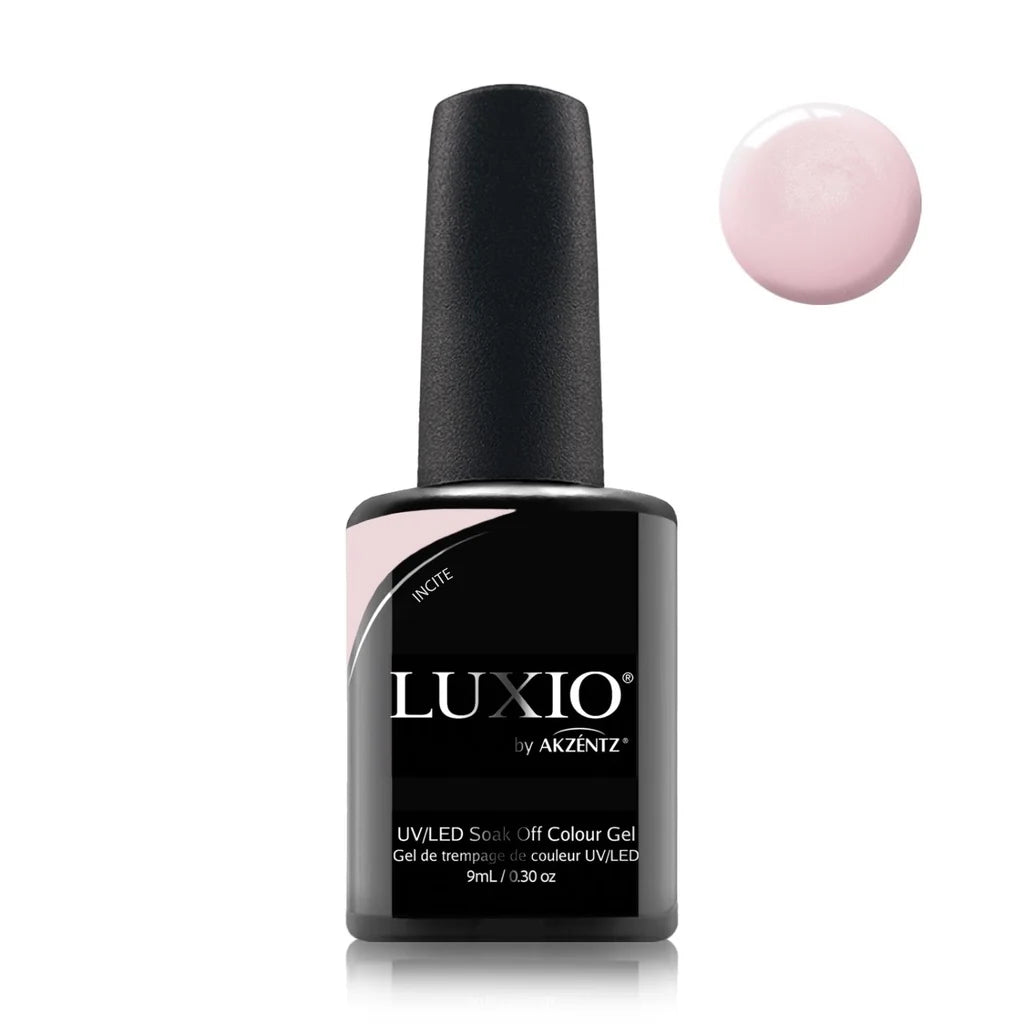 9ml — Luxio Incite Gel Polish — closed bottle, tender pink with gold shimmer