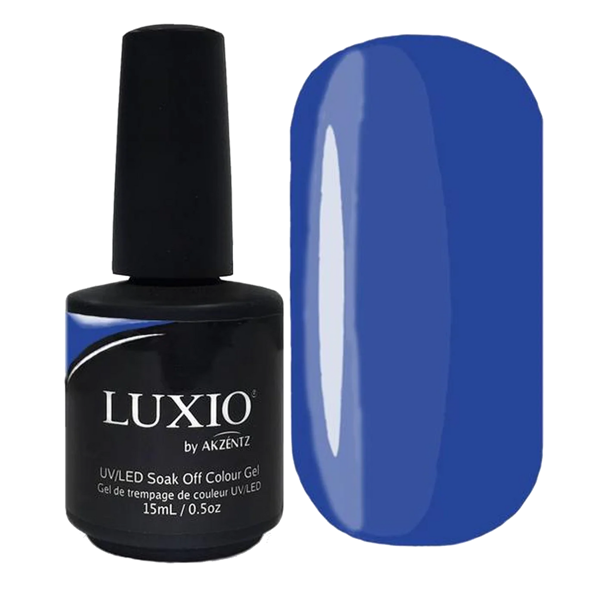 15ml — Luxio Lookout Gel Polish — swatch on nail tip, vivid royal blue finish