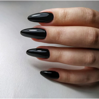 Luxio Nightfall Gel Polish — swatch on nail tip, deep black finish