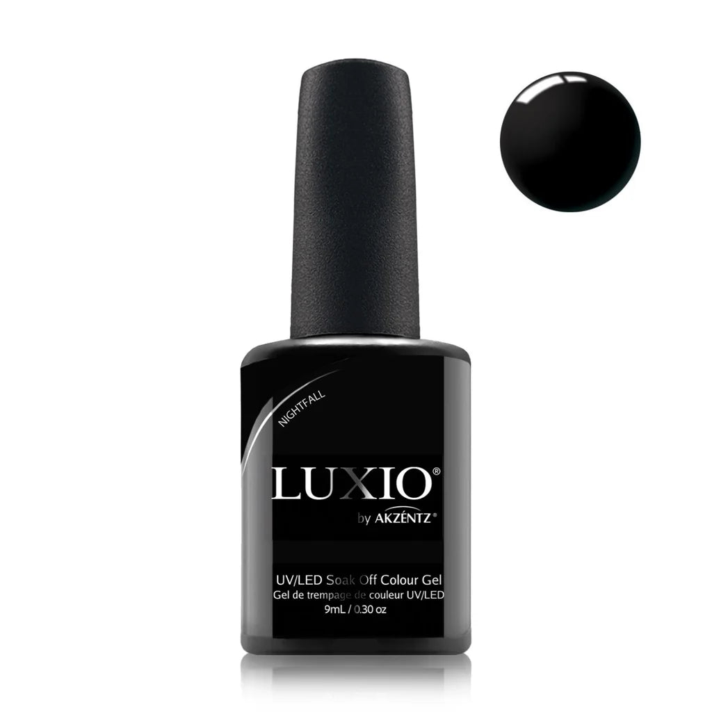 Luxio Nightfall Gel Polish — open bottle with brush, black gel