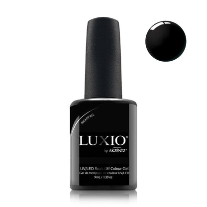 Luxio Nightfall Gel Polish — open bottle with brush, black gel