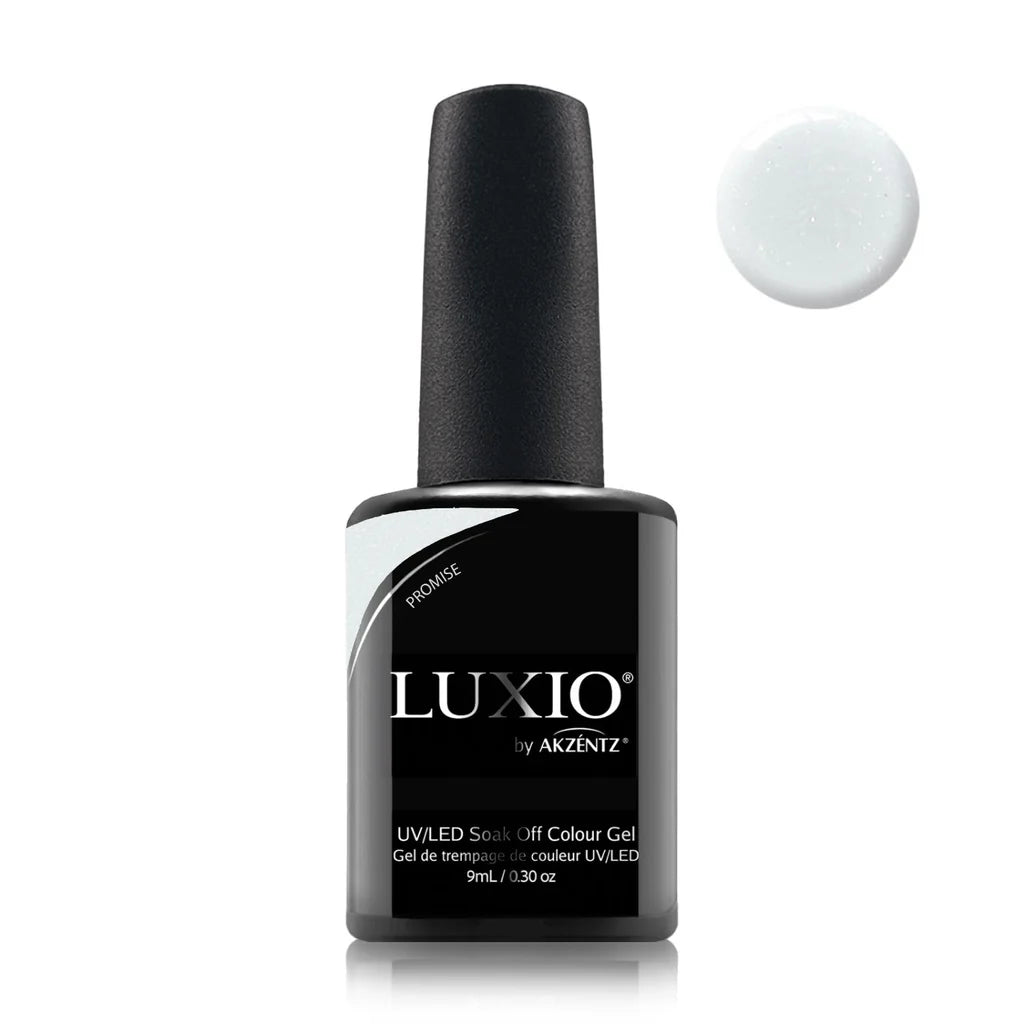 9ml — Luxio Promise Gel Polish — closed bottle, milky base with color-shifting glitter