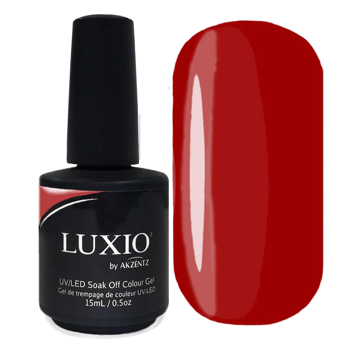 15ml — Luxio Rosso Gel Polish — bottle paired with a Luxio top coat