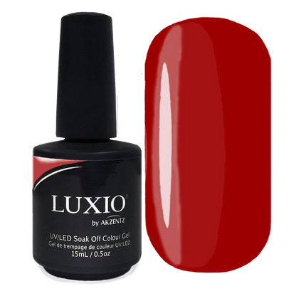 15ml — Luxio Rosso Gel Polish — bottle paired with a Luxio top coat