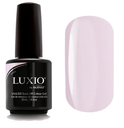 Luxio Shell Gel Polish — swatch on nail tip, semi-transparent pink-purple finish