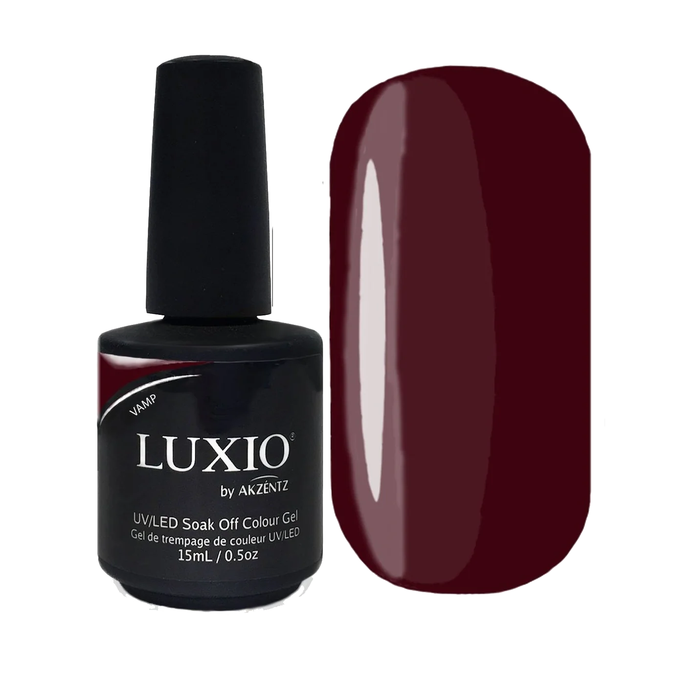 15ml — Luxio Vamp Gel Polish — swatch on nail tip, dark burgundy red finish