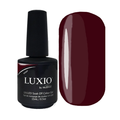 15ml — Luxio Vamp Gel Polish — swatch on nail tip, dark burgundy red finish