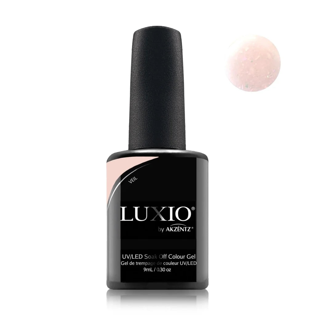 Luxio Veil Gel Polish — bottle paired with a Luxio top coat