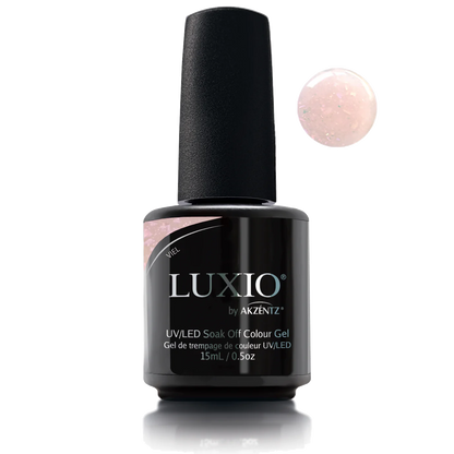 Luxio Veil Gel Polish — open bottle with brush, shimmering peach gel