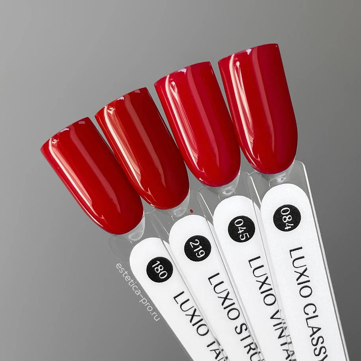 Luxio Vintage Gel Polish — label close-up, cherry red shade