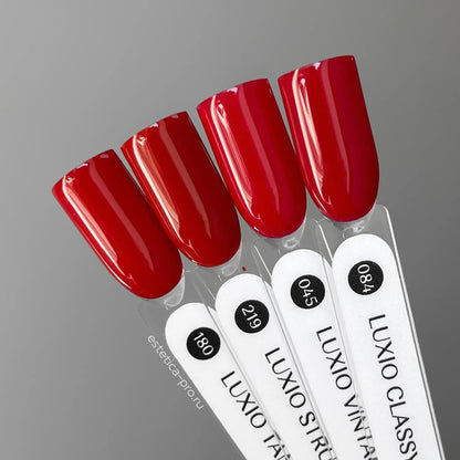 Luxio Vintage Gel Polish — label close-up, cherry red shade