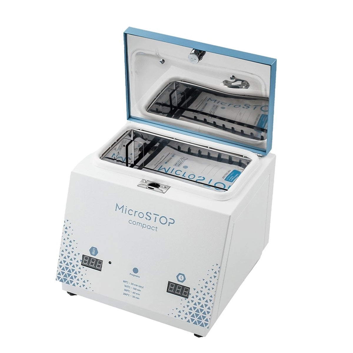 The MicroStop Compact dry heat sterilizer fits 2 tool sets or 3 pouches with dual loading.
