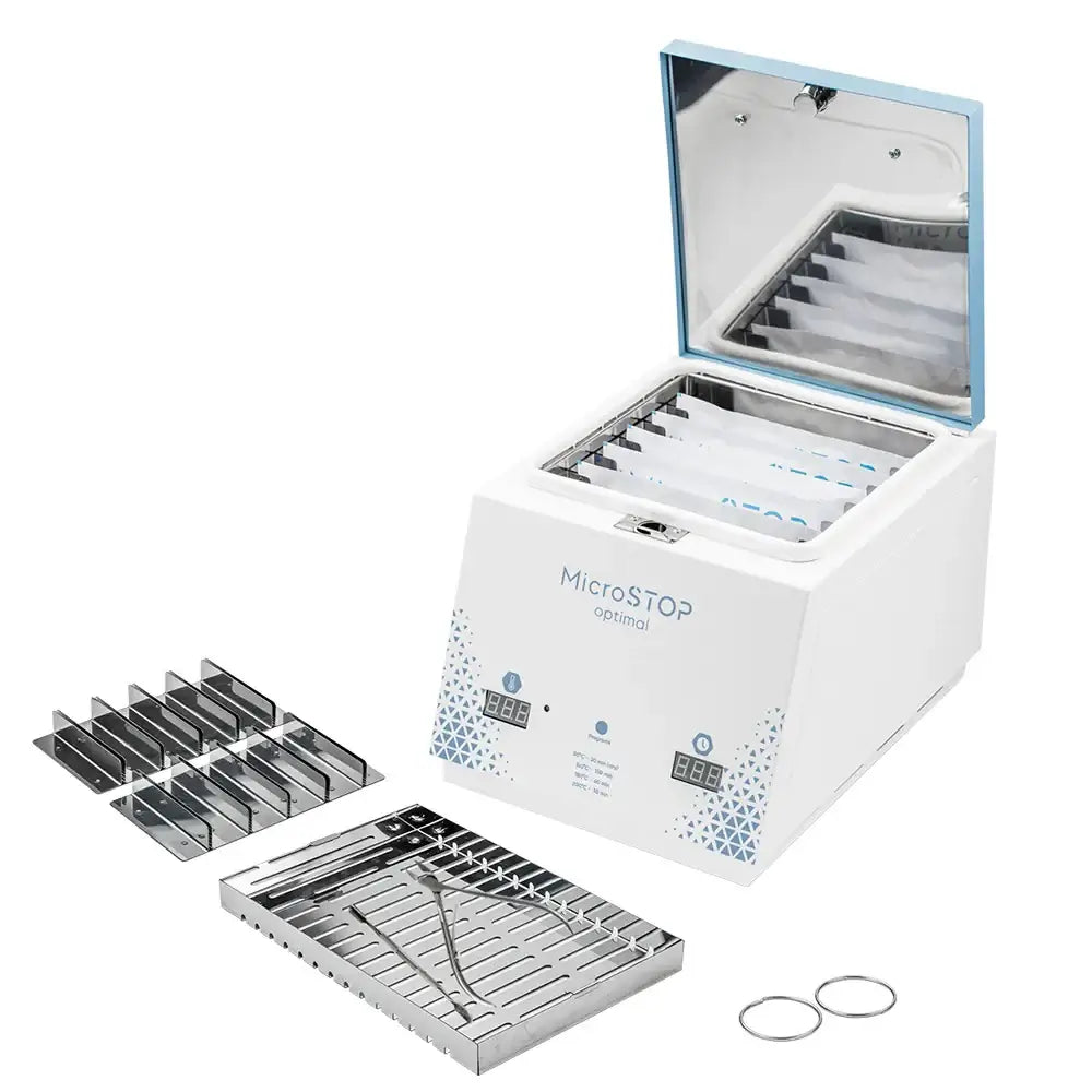 The MicroStop Optimal dry heat sterilizer fits 3 tool sets or 5 pouches for steady salon use.