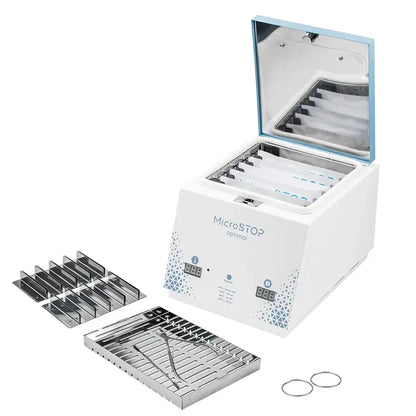 The MicroStop Optimal dry heat sterilizer fits 3 tool sets or 5 pouches for steady salon use.