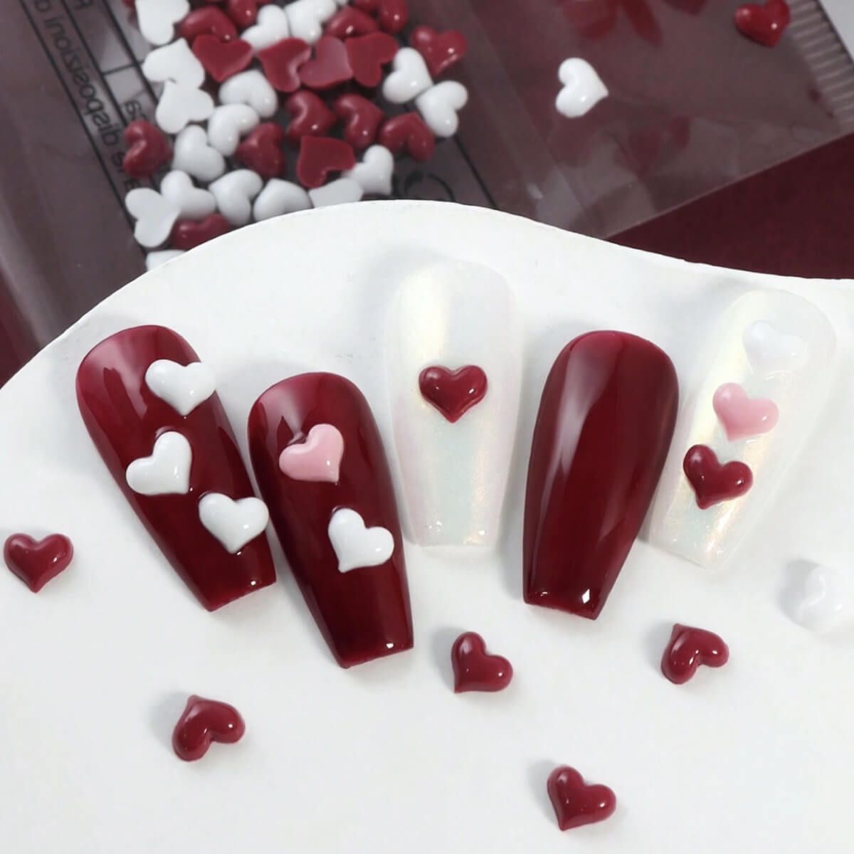 White and Burgundy Heart Nail Art Charms