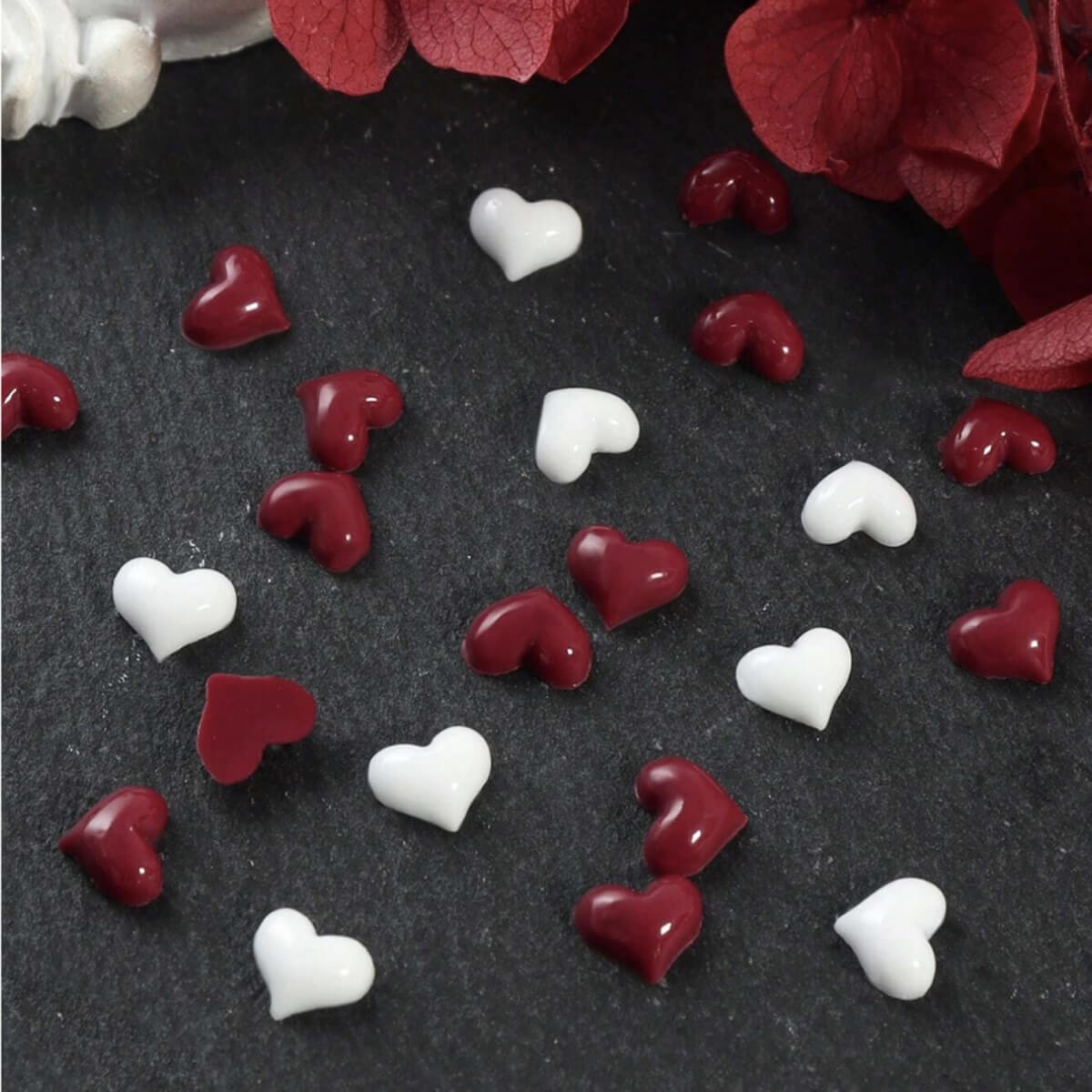 Small Heart Nail Charms White & Burgundy
