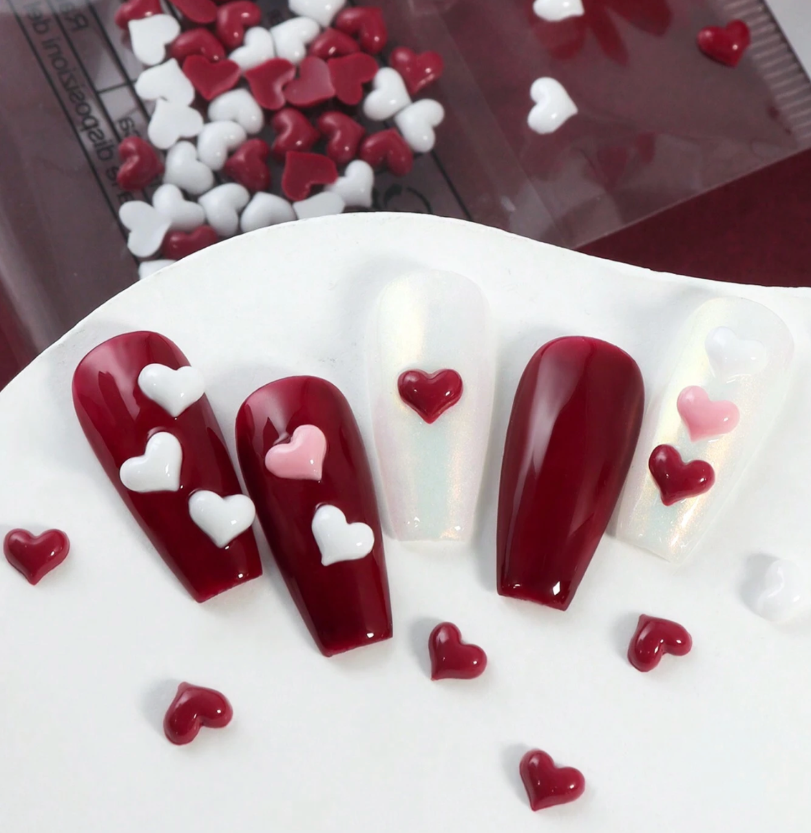 Heart Nail Charms, Mixed White & Burgundy