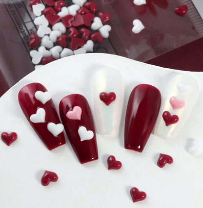 Heart Nail Charms, Mixed White & Burgundy