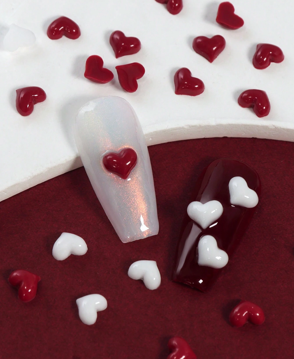 Mini Heart Nail Charms, Mixed White & Burgundy