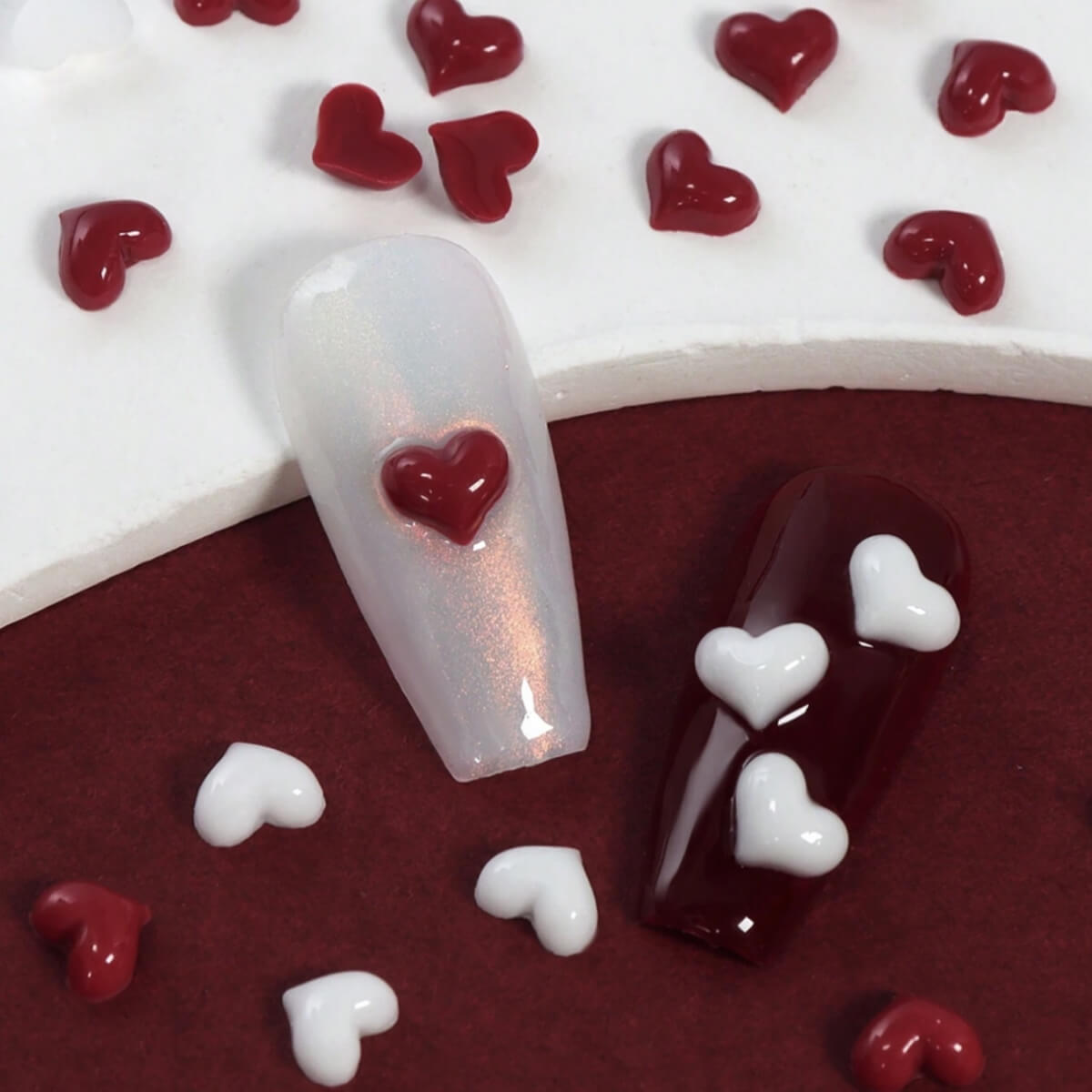Mini Heart Nail Charms White & Burgundy