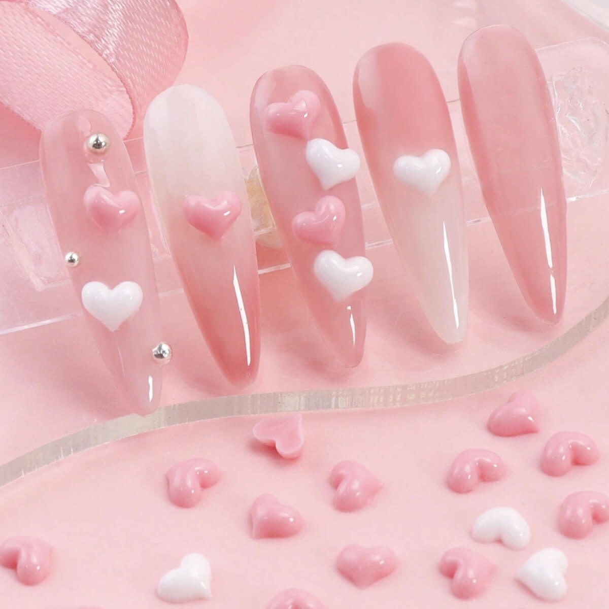 White and Pink Heart Nail Art Charms