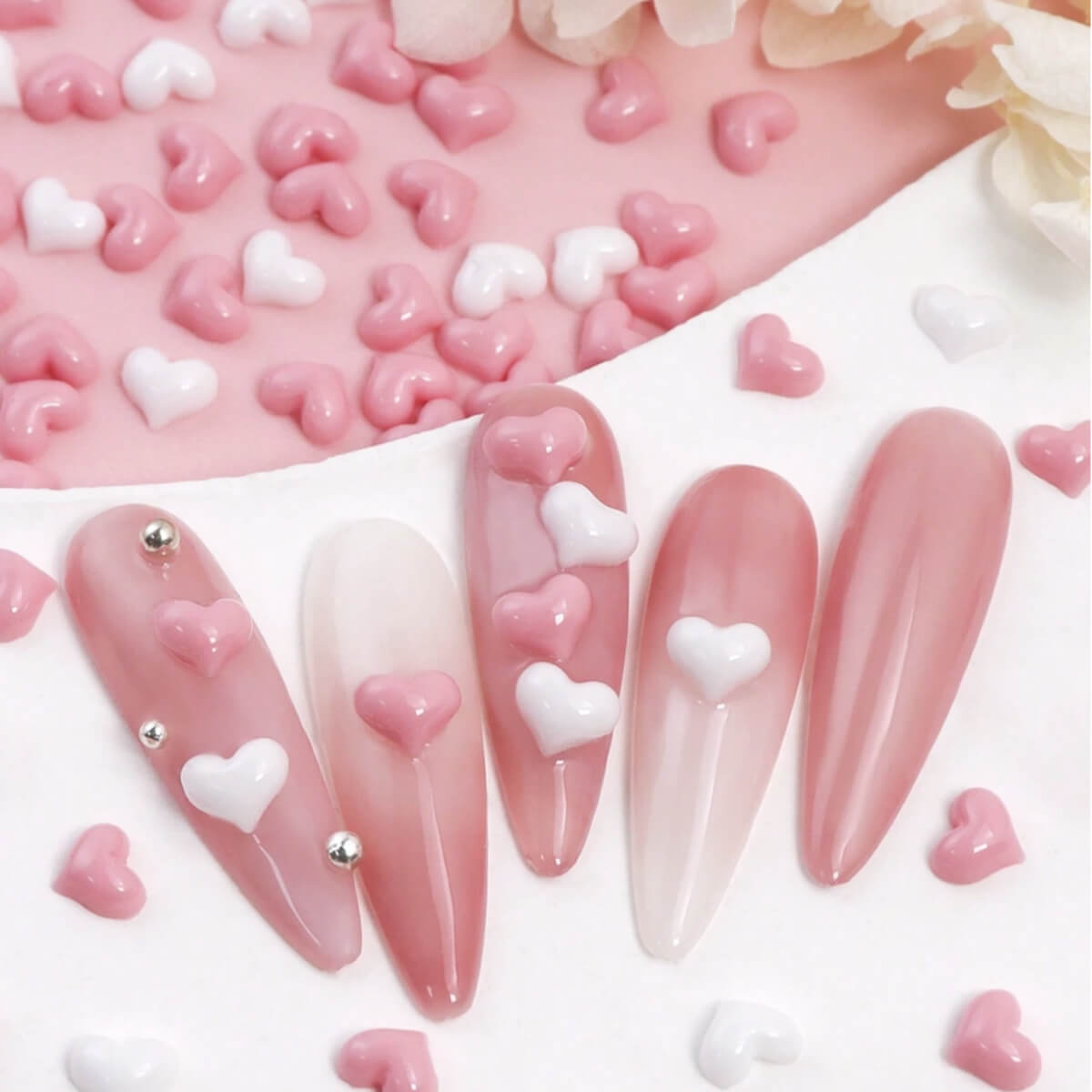 Mini Heart Nail Charms White & Pink