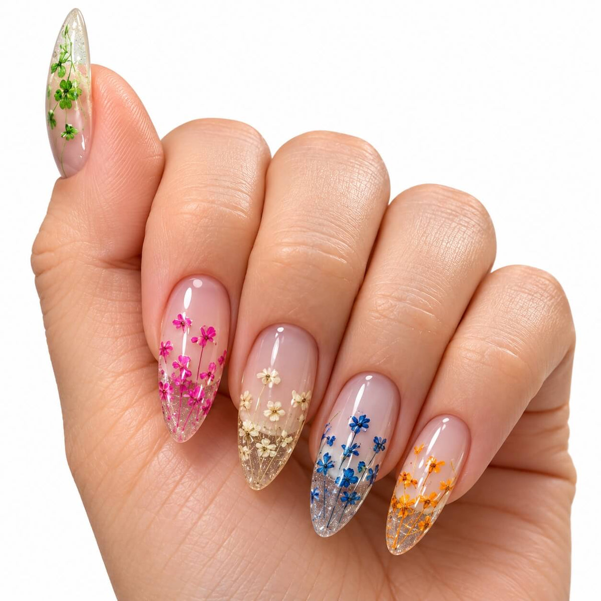 Clear case with 12 colorful dried flower clusters for nail art
