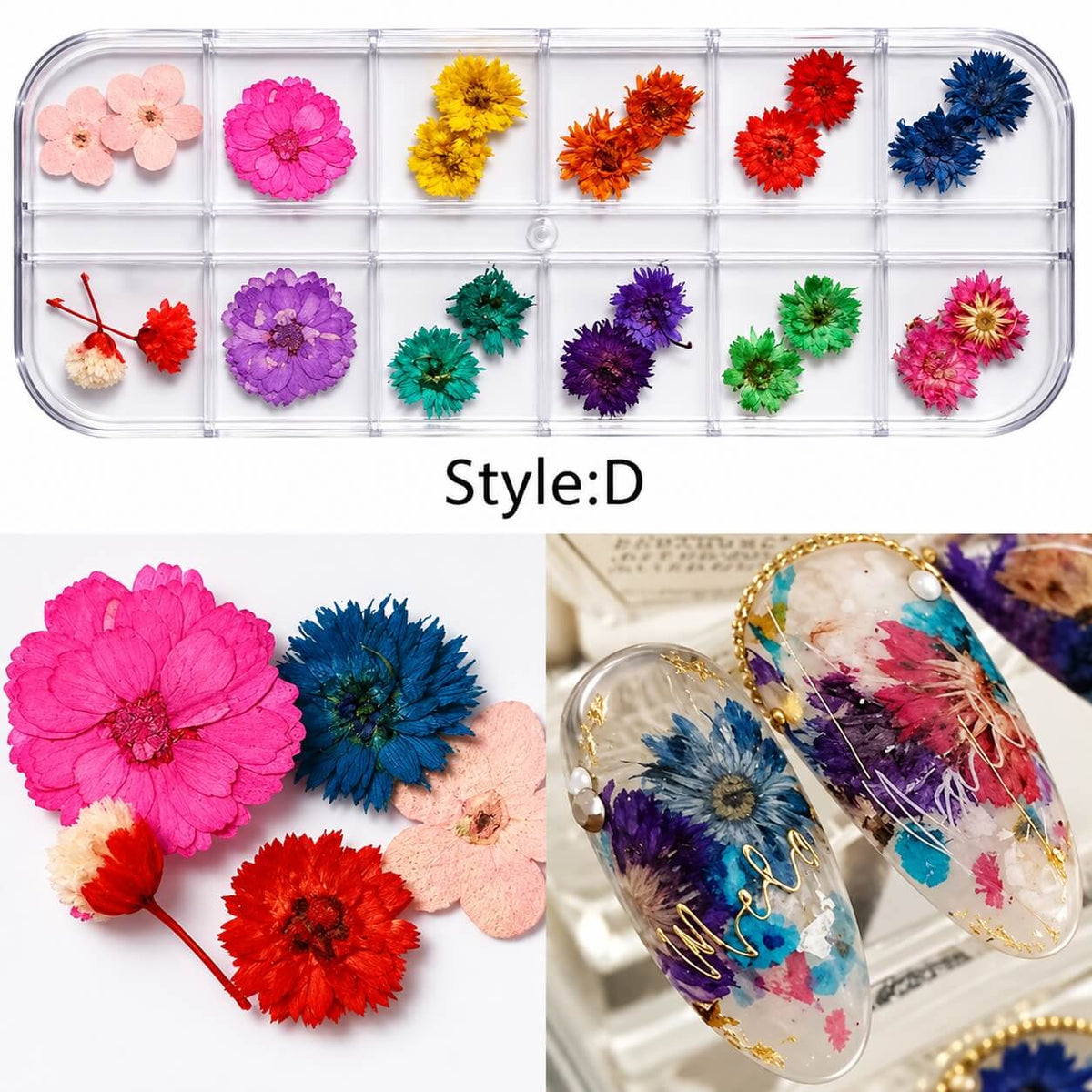 Mix dried flowers for nail art design #D in a 12-compartment case