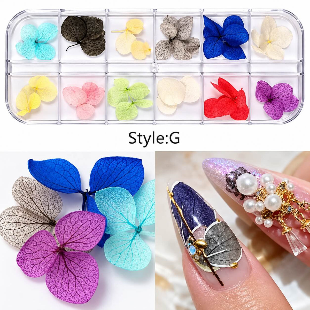 Mix dried flowers for nail art design #G in a 12-compartment case