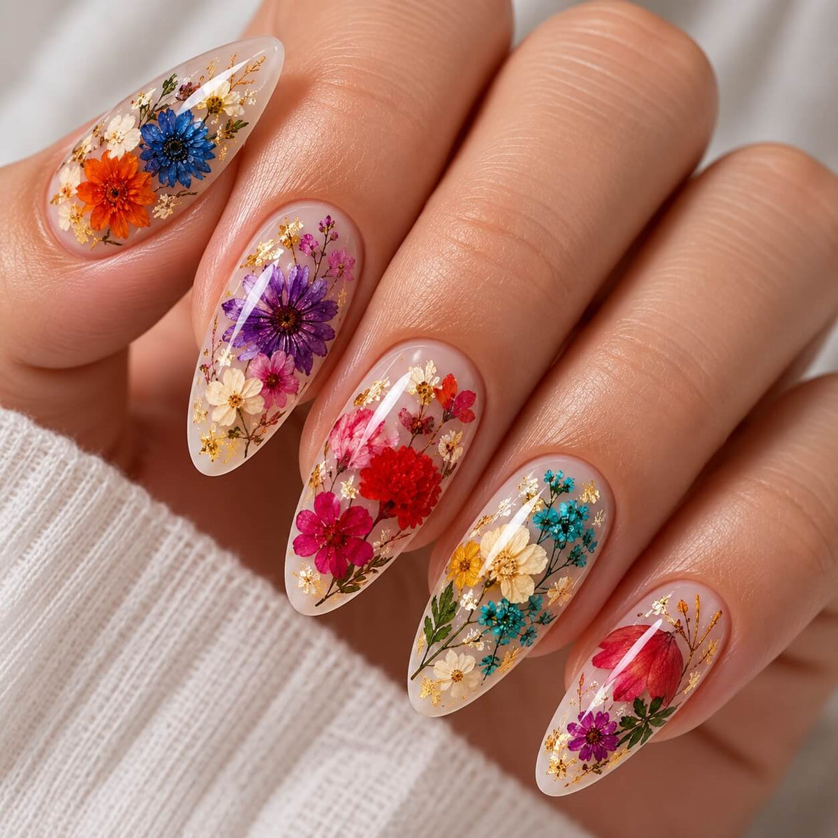 Nail art with dried flowers, small green leaves and a yellow bloom