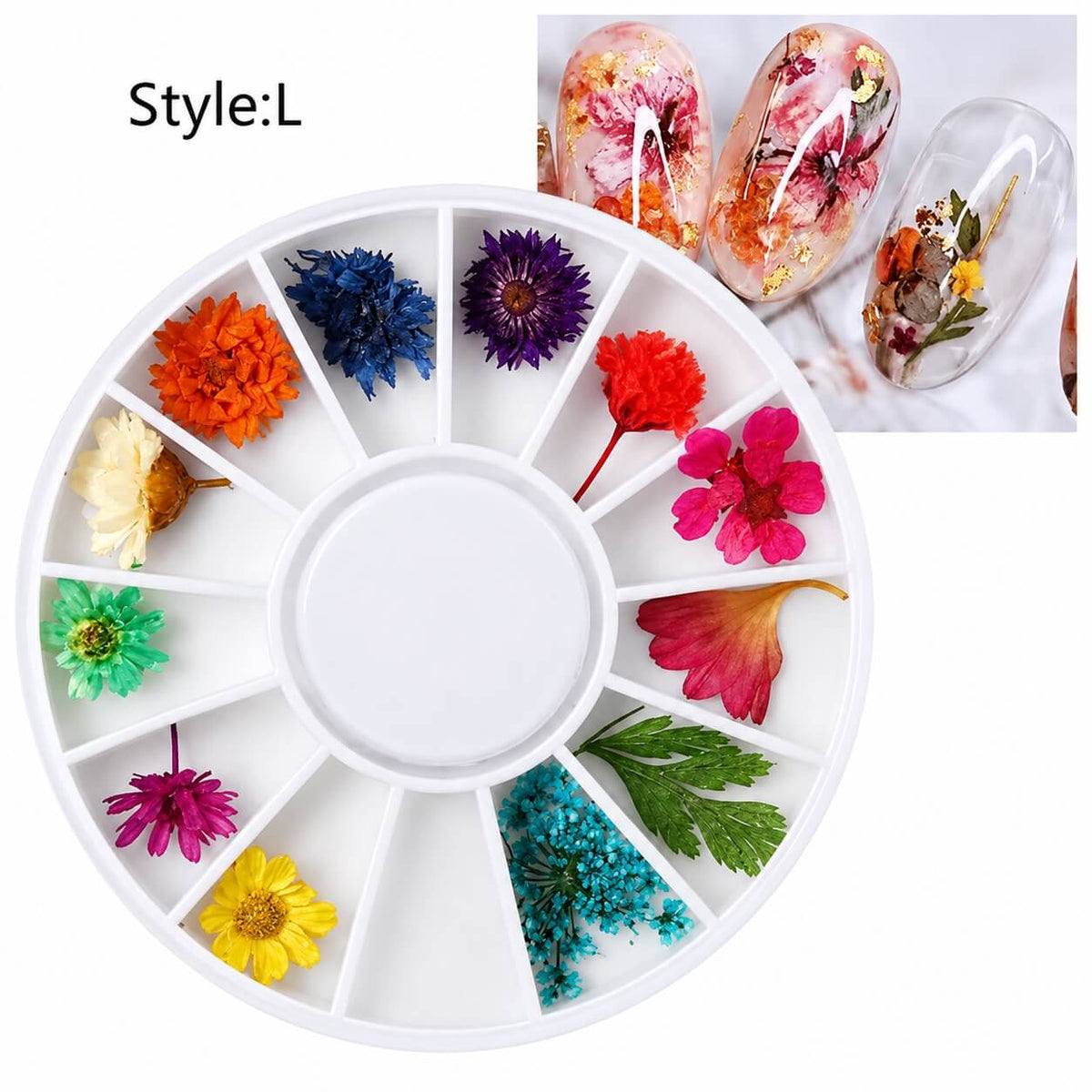 Mix dried flowers for nail art design #L in a round wheel case