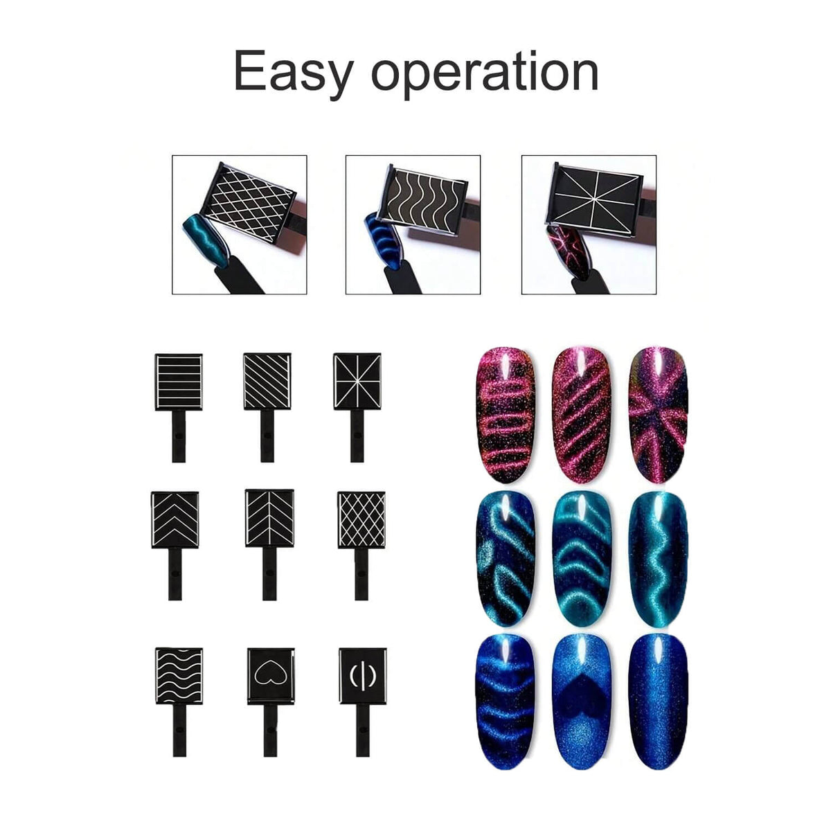 Cat eye nail designs in pink and blue made with magnet tools