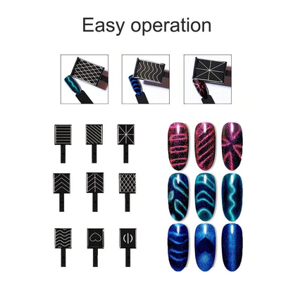 Cat eye nail designs in pink and blue made with magnet tools