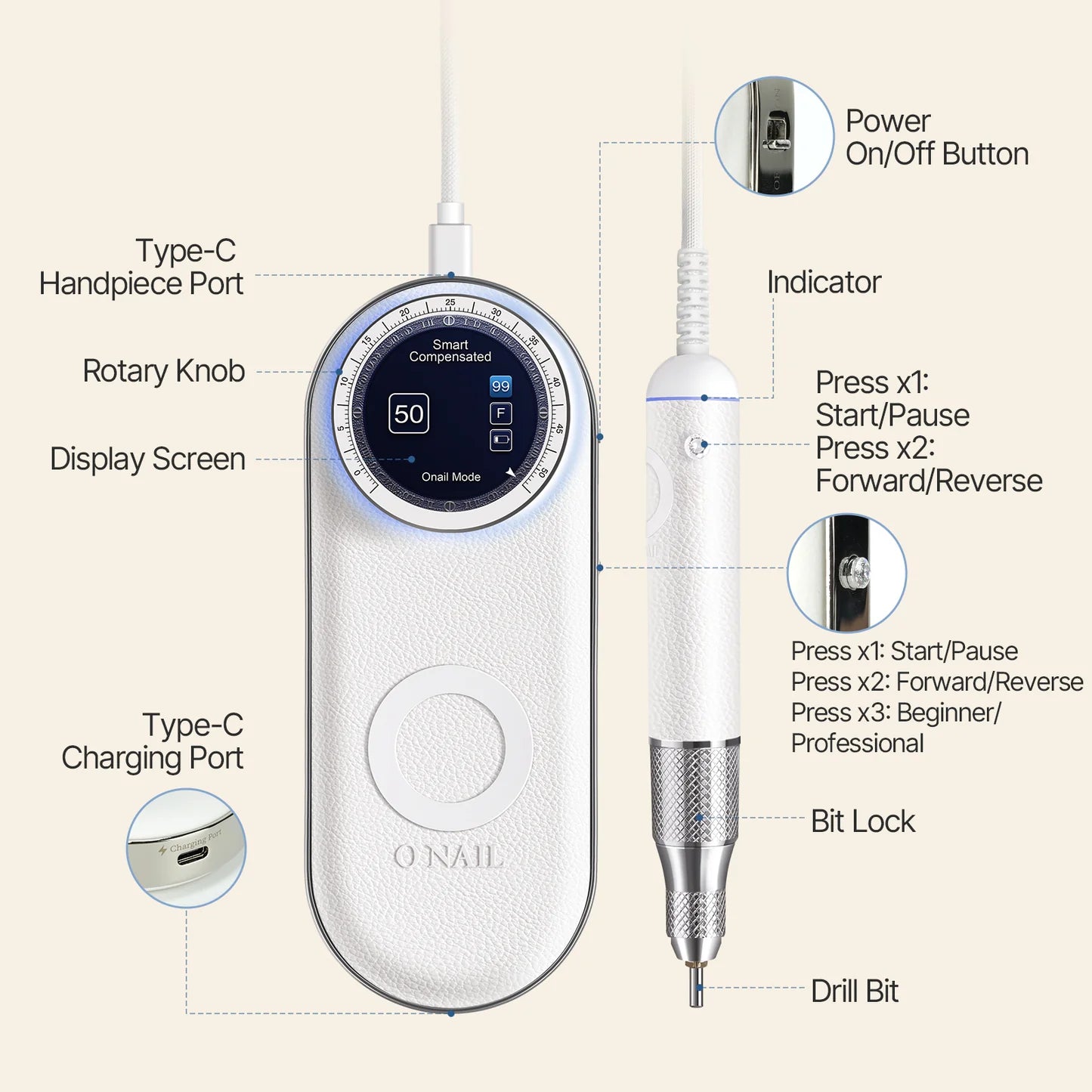 Nail Drill Pro Max O NAIL 1 handpiece white professional manicure and nail extension tool